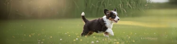 Cachorro tricolor de Bernedoodle corriendo alegremente por un campo de césped verde en formato panorámico.