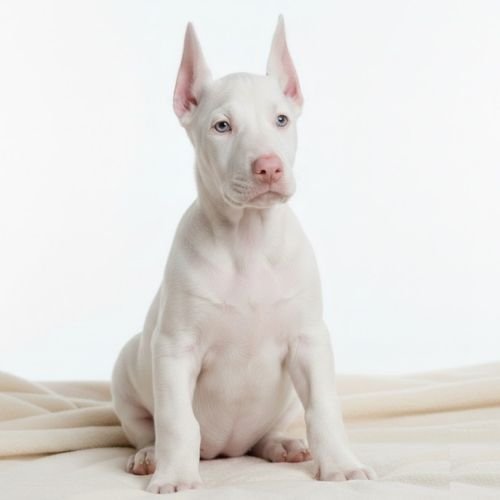 Cachorro Doberman Albino de ojos claros y pelaje blanco, raza pura en Amorapets.