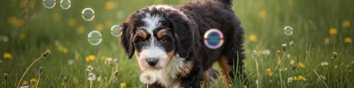 Cachorro Bernedoodle de pelaje ondulado y apariencia de oso de peluche en AmoraPets.