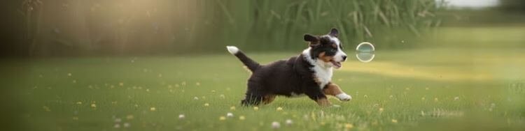 Cachorro de Bernés de la Montaña corriendo alegremente en el césped intentando atrapar una burbuja de jabón, formato panorámico