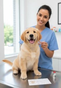 Cachorro Golden Retriever recibiendo vacunas en veterinaria AmoraPets Medellín