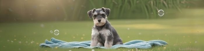 Tierno cachorro de Schnauzer Estándar sal y pimienta descansando sobre una manta azul premium en AmoraPets.