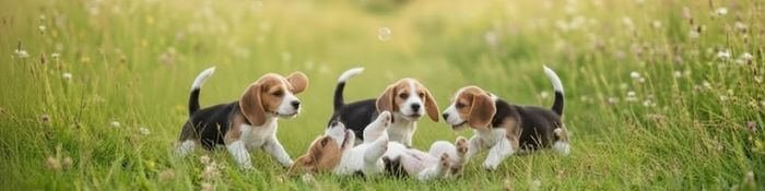 Dos cachorros Beagle jugando alegremente, mostrando un temperamento equilibrado, alta energía y socialización adecuada en nuestro criadero de Medellín.