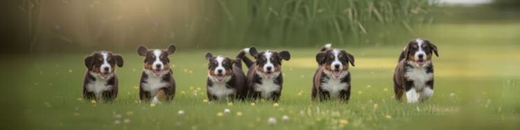 Grupo de cachorros Bernés de la Montaña corriendo y jugando en un campo verde durante el atardecer, formato panorámico