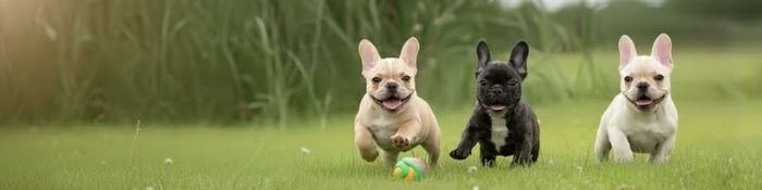 Grupo de tres cachorros Bulldog Francés de diferentes colores jugando en AmoraPets
