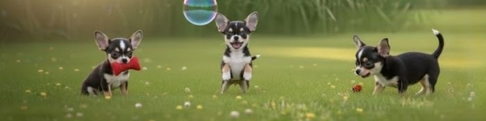 Tres cachorros Chihuahua de alta calidad en colores tricolor, merle y chocolate sobre fondo neutro en AmoraPets