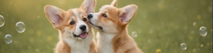 Dos cachorros de Corgi de diferentes colores posando juntos, ejemplares con excelente estructura y orejas expresivas en AmoraPets.