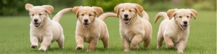 Cachorros Golden Retriever corriendo y jugando alegremente en Amorapets Medellín