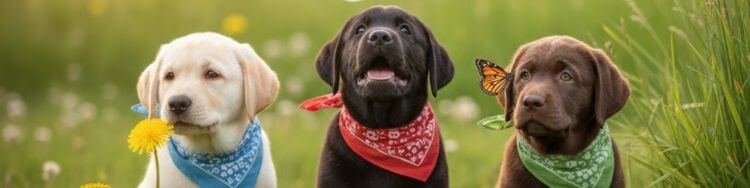 magen panorámica de tres cachorros Labrador Retriever (amarillo, negro y chocolate) sentados en el césped usando pañuelos azul, rojo y verde, con una mariposa y burbujas.
