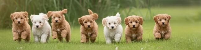 Grupo de cachorros Maltipoo de diferentes colores (apricot, blanco y rojo) corriendo felices en el césped