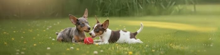Dos cachorros Pinscher miniatura de colores exóticos jugando en un ambiente familiar en AmoraPets