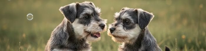 Dos cachorros Schnauzer de diferentes colores posando juntos, ejemplares de alta selección en AmoraPets.