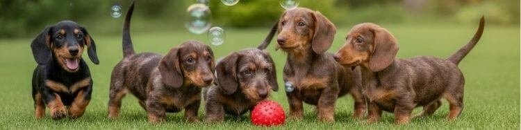 Cachorros Teckel Salchicha miniatura jugando en criadero Amorapets Medellín