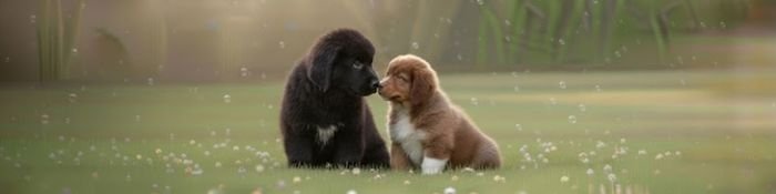Dos cachorros Terranova, uno de color negro sólido y otro chocolate profundo, posando juntos para mostrar la calidad de su pelaje y su expresión noble en AmoraPets.
