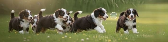 Grupo de cachorros Bernedoodle de diferentes colores y tamaños en el criadero AmoraPets.