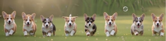 Grupo de cachorros Corgi de diferentes colores (Merle, Rojo y Tricolor) juntos, mostrando la diversidad de la raza en AmoraPets Medellín.