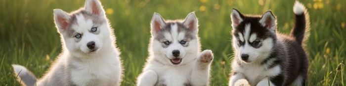 Camada de cachorros Pomsky de diferentes colores con ojos azules en AmoraPets.