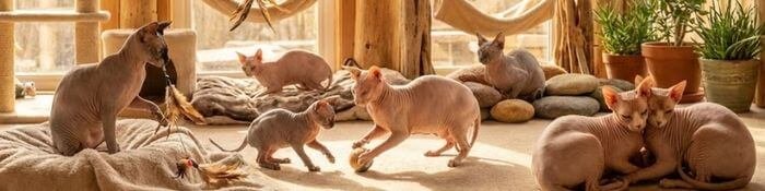 Camada de gatitos Esfinge (Sphynx) jugando juntos, disponibles para la venta en AmoraPets Medellín.