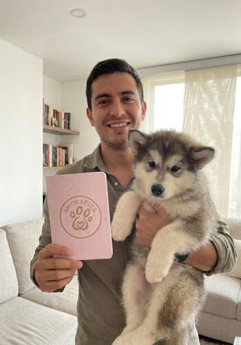 Cliente recibiendo un cachorro de Alaskan Malamute de AmoraPets, destacando la calidad de la raza y la felicidad de la familia en Medellín.