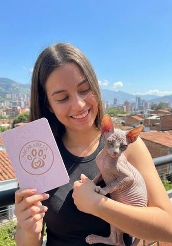 Cliente de AmoraPets Medellín sonriendo mientras sostiene a su nuevo gatito Esfinge, demostrando el temperamento cariñoso y la entrega exitosa de nuestra selección felina.