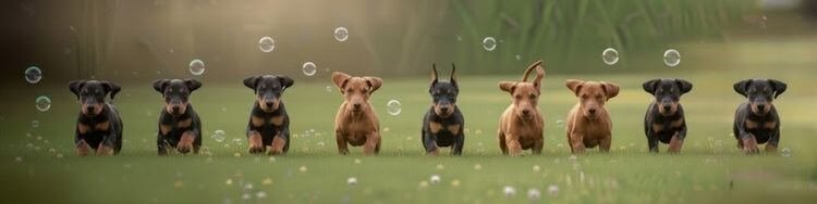 Camada de cachorros Doberman chocolate posando en campo de flores en Medellín