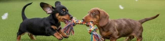Dos cachorros Teckel Salchicha de Amorapets jugando alegremente en un ambiente controlado