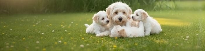 Madre Maltipoo de raza pura cuidando a sus cachorros recién nacidos en AmoraPets Medellín