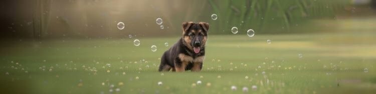 Cachorro Pastor Alemán sentado en el pasto con burbujas en Medellín