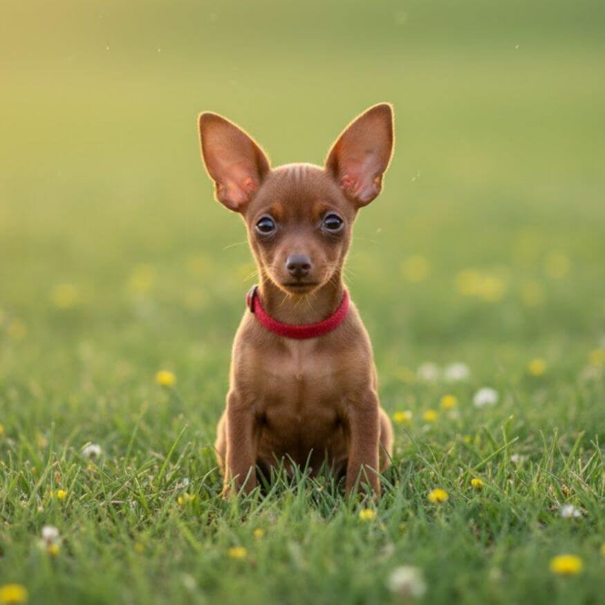 Cachorro Pinscher Miniatura color rojo ciervo con pelaje brillante en AmoraPets