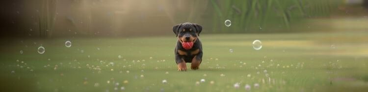 Imagen panorámica de un perro Rottweiler adulto de línea alemana posando en un campo verde en Medellín