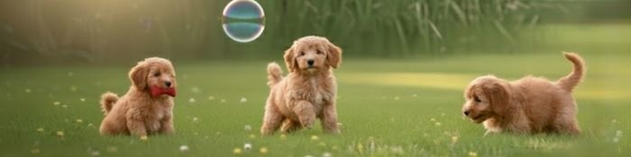 Grupo de tres cachorros Goldendoodle de diferentes colores (crema, dorado y rojo) en el criadero AmoraPets Medellín.