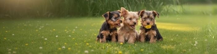 Tres cachorros Yorkshire Terrier en colores Chocolate, Biewer y Tradicional en AmoraPets