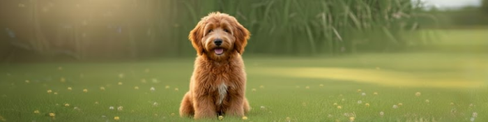 Cachorro Goldendoodle mini color crema con pelaje ondulado tipo osito de peluche en Medellín.