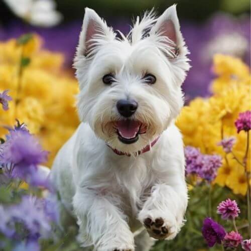 Perro West Highland White Terrier (Westie) (Westy) con pelaje blanco radiante y corte típico de la raza en AmoraPets.