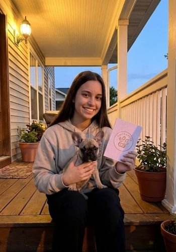 Chica joven sonriente recibiendo un cachorro Bulldog Francés de manos del equipo de AmoraPets en un entorno campestre en Rionegro.