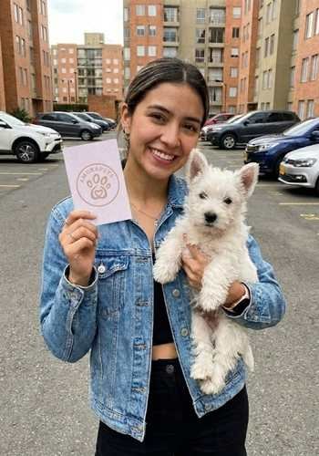 Chica joven sonriente recibiendo un cachorro Westy blanco en una calle representativa de Pereira, Risaralda.