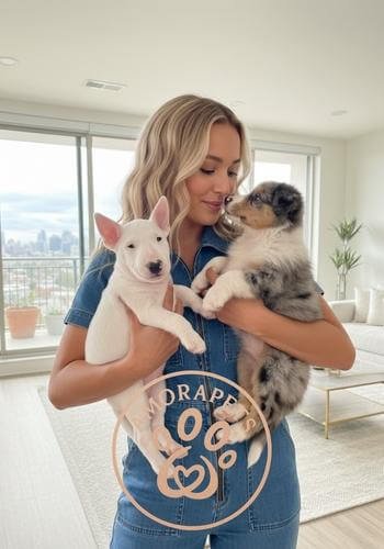 Entrega de cachorros Bull Terrier Inglés blanco y Border Collie Blue Merle en el Eje Cafetero (Pereira, Manizales, Armenia). Perros de alta genética de AmoraPets.