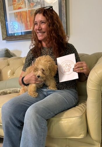 Goldendoodle Cliente feliz recibiendo a su nuevo cachorro Goldendoodle en Medellín durante una entrega de AmoraPets.